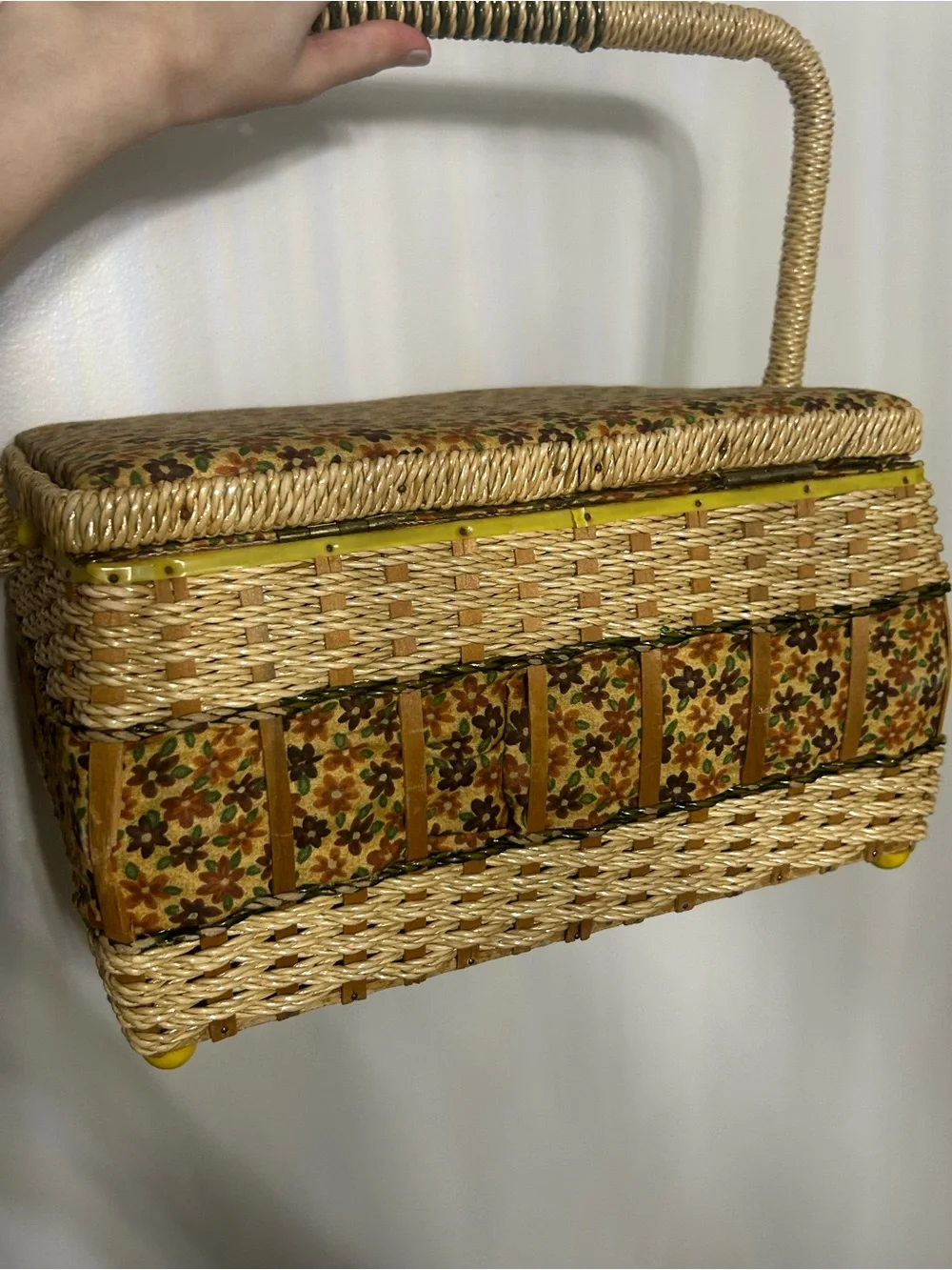 Vintage Japan Wicker Sewing Basket Yellow Floral Cat Mouse Button Embellishments
